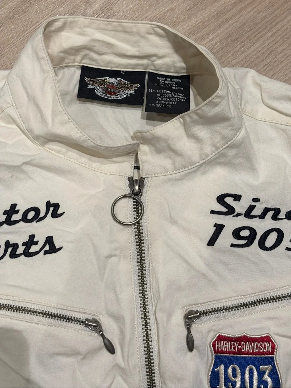 Women’s Harley-Davidson White Jacket with Red and Black Sleeve Stripes